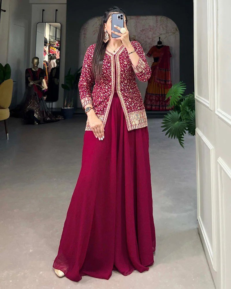 Rani Pink Color Embroidery Work Georgette Plazo Suit